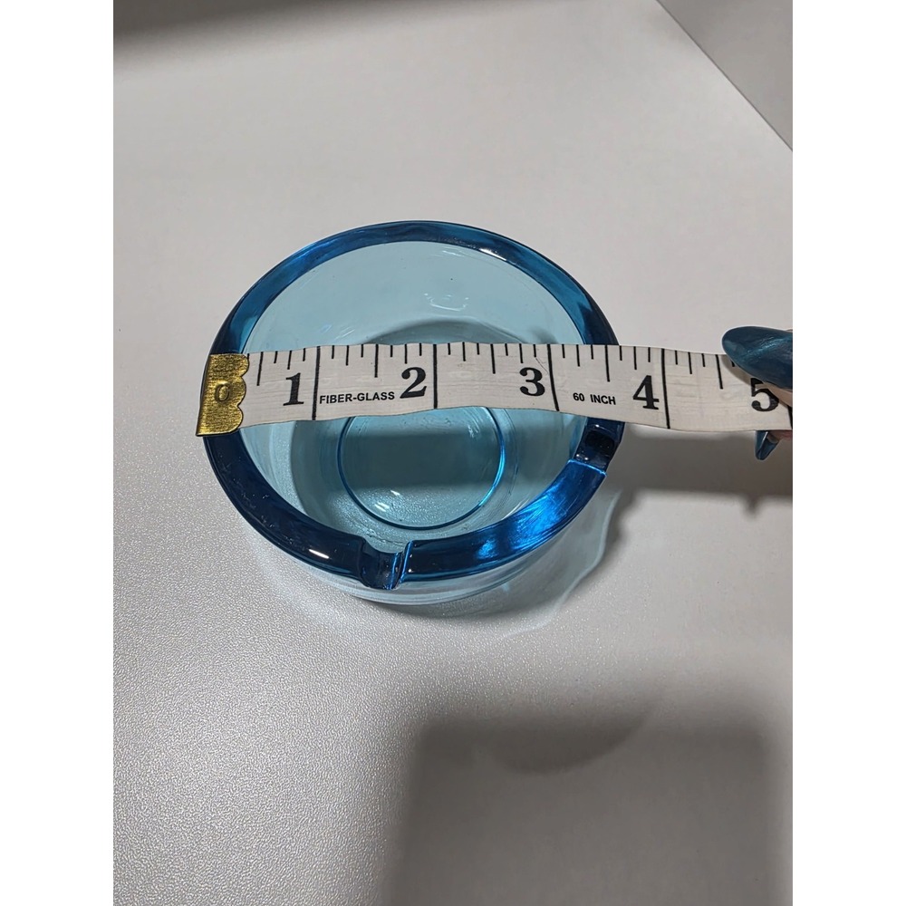 Vintage Blue Glass Ashtray | Mid Century Style | Heavy Glass | 3.75" Round - Picture 4 of 6